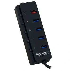 HUB extern SPACER, porturi USB: USB 3.0 x 4, Port USB Quick Charge x 1, conectare prin USB 3.0, Alimentare retea 220V,negru, &quot;SPH-4USB30-1QC&quot;