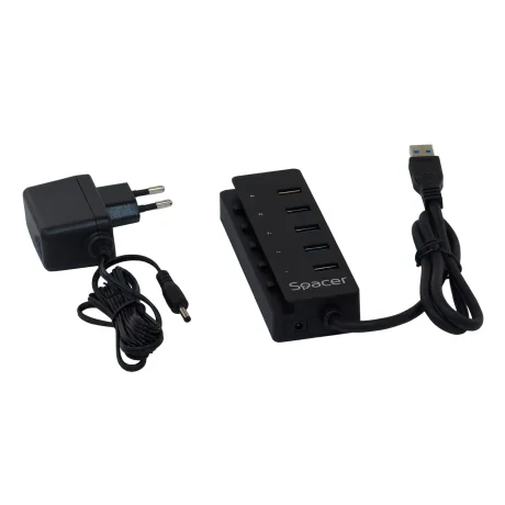 HUB extern SPACER, porturi USB: USB 3.0 x 4, Port USB Quick Charge x 1, conectare prin USB 3.0, Alimentare retea 220V,negru, &quot;SPH-4USB30-1QC&quot;