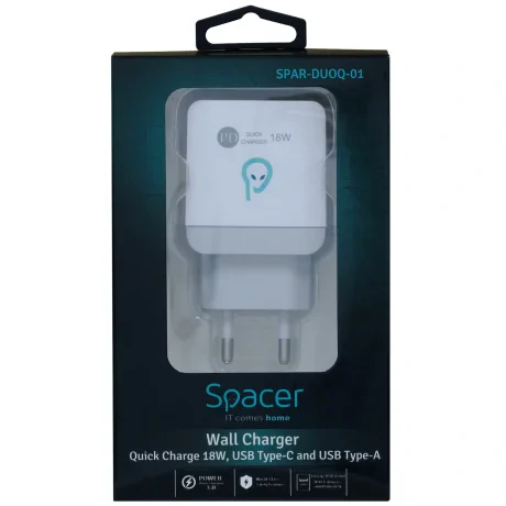 INCARCATOR retea SPACER Quick Charge 18W, USB Type-C PD+ USB Quick Charge, "SPAR-DUOQ-01"