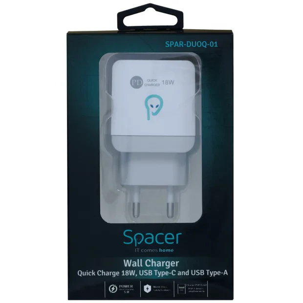 INCARCATOR retea SPACER Quick Charge 18W, USB Type-C PD+ USB Quick Charge, &quot;SPAR-DUOQ-01&quot;