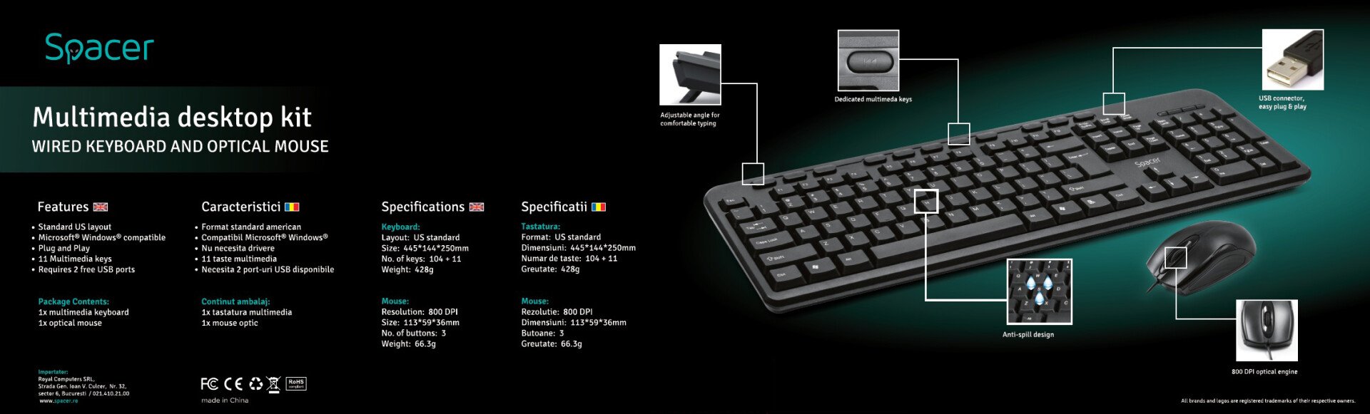 KIT wired SPACER USB, tastatura multimedia "SPKB-169" + mouse optic "SPMO-M11", black, "SPDS-1691"  /45505412 thumb