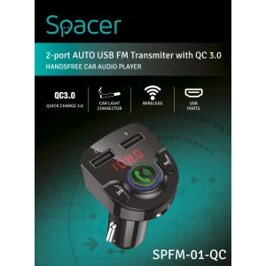 MODULATOR AUTO FM SPACER, Bluetooth 5.0. 1xUSB QC3.0 &amp;amp; 1xUSB max. 5V/3.1A, 12V-24V, max. 10-15m, mic max. 0-2m, format MP3/WMA, 206 canale 87.5-108Mhz, USB disk, microSD,  answer/reject/hang up/redial, black, &quot;SPFM-01-QC&quot;