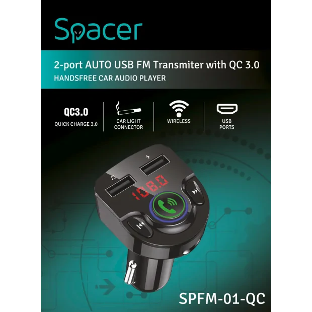MODULATOR AUTO FM SPACER, Bluetooth 5.0. 1xUSB QC3.0 &amp;amp; 1xUSB max. 5V/3.1A, 12V-24V, max. 10-15m, mic max. 0-2m, format MP3/WMA, 206 canale 87.5-108Mhz, USB disk, microSD,  answer/reject/hang up/redial, black, &quot;SPFM-01-QC&quot;