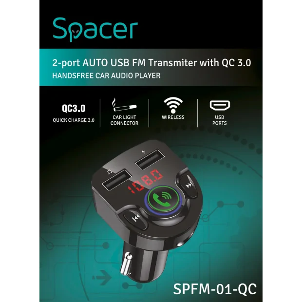 MODULATOR AUTO FM SPACER, Bluetooth 5.0. 1xUSB QC3.0 &amp;amp; 1xUSB max. 5V/3.1A, 12V-24V, max. 10-15m, mic max. 0-2m, format MP3/WMA, 206 canale 87.5-108Mhz, USB disk, microSD,  answer/reject/hang up/redial, black, &quot;SPFM-01-QC&quot; (include TV 0.18lei)