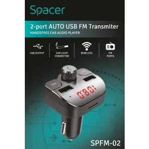 MODULATOR AUTO FM SPACER, Bluetooth 5.0, 2xUSB max. 5V/3.1A, 12V-24V, max. 10-15m, mic max. 0-1m, format MP3/WMA, 206 canale 87.5-108Mhz, USB disk, microSD,  answer/reject/hang up/redial, protectie circuit, black, &quot;SPFM-02&quot; (include TV 0.18lei)