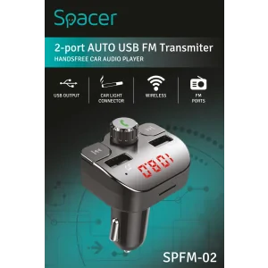 MODULATOR AUTO FM SPACER, Bluetooth 5.0, 2xUSB max. 5V/3.1A, 12V-24V, max. 10-15m, mic max. 0-1m, format MP3/WMA, 206 canale 87.5-108Mhz, USB disk, microSD,  answer/reject/hang up/redial, protectie circuit, black, &quot;SPFM-02&quot;