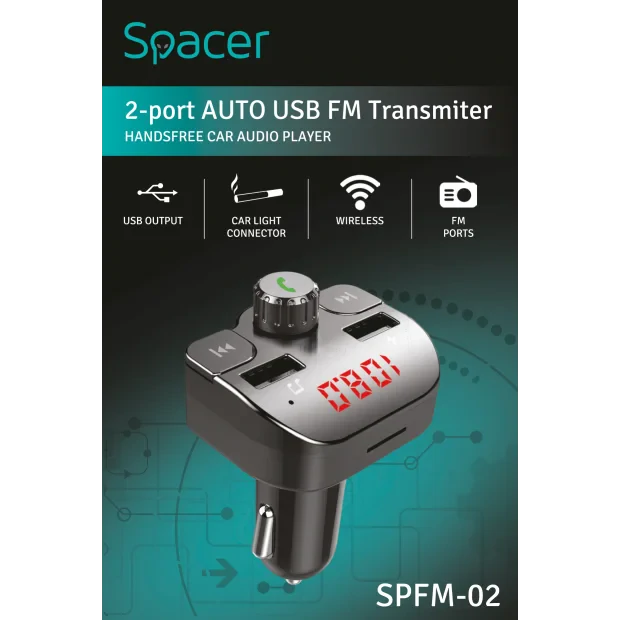 MODULATOR AUTO FM SPACER, Bluetooth 5.0, 2xUSB max. 5V/3.1A, 12V-24V, max. 10-15m, mic max. 0-1m, format MP3/WMA, 206 canale 87.5-108Mhz, USB disk, microSD,  answer/reject/hang up/redial, protectie circuit, black, &quot;SPFM-02&quot; (include TV 0.18lei)