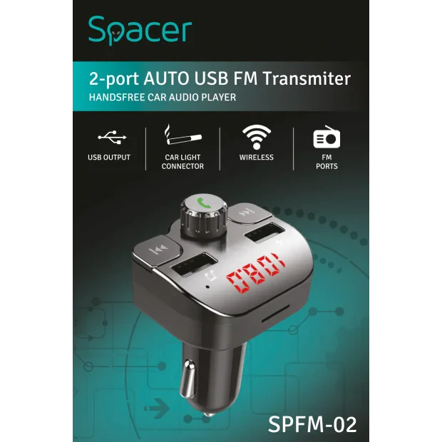 MODULATOR AUTO FM SPACER, Bluetooth 5.0, 2xUSB max. 5V/3.1A, 12V-24V, max. 10-15m, mic max. 0-1m, format MP3/WMA, 206 canale 87.5-108Mhz, USB disk, microSD,  answer/reject/hang up/redial, protectie circuit, black, &quot;SPFM-02&quot;