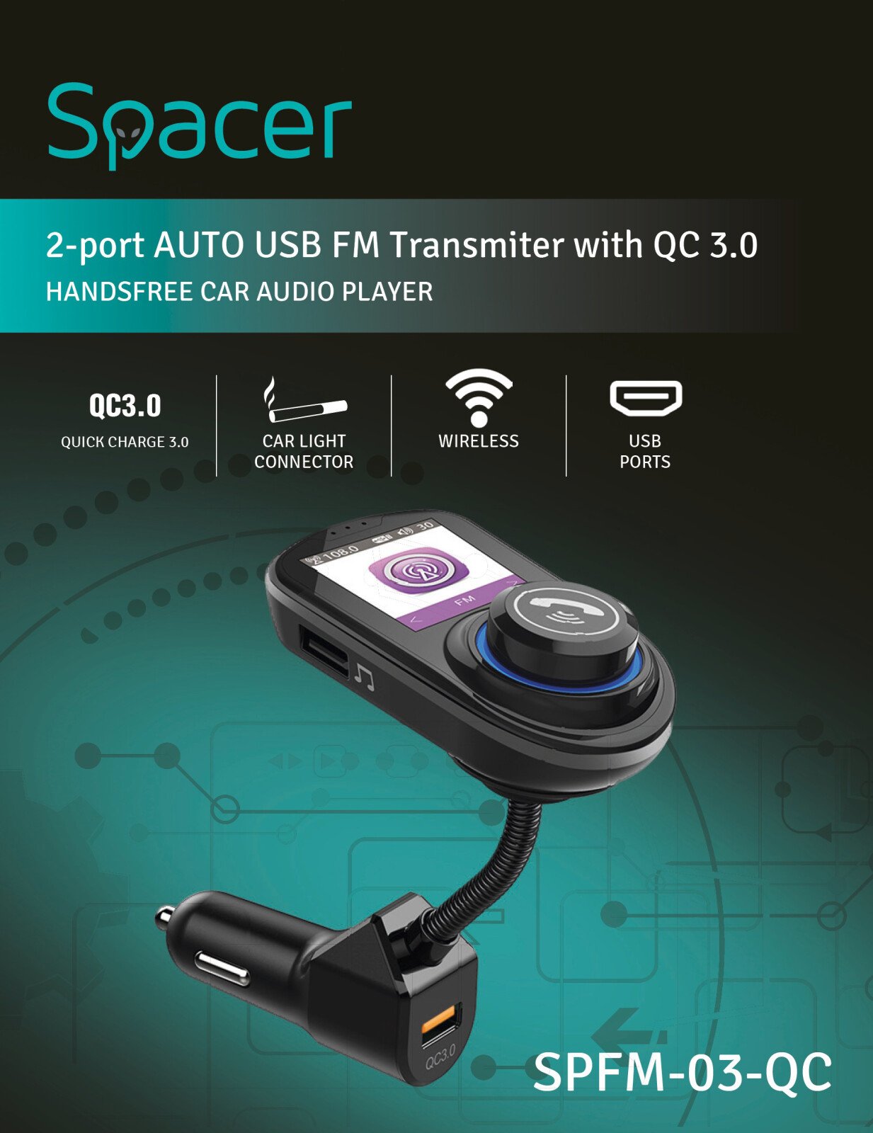 MODULATOR AUTO FM SPACER, Bluetooth 5.0. display 1.8" HD color, 1xUSB QC3.0 &amp; 1xUSB max. 5V/1A, 12V-24V, max. 10-15m, mic max. 0-3m, format MP3/WMA/WAV, 206 canale 87.5-108Mhz, USB disk, microSD, black, "SPFM-03-QC" (include TV 0.18lei) thumb