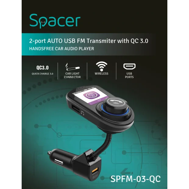MODULATOR AUTO FM SPACER, Bluetooth 5.0. display 1.8&quot; HD color, 1xUSB QC3.0 &amp;amp; 1xUSB max. 5V/1A, 12V-24V, max. 10-15m, mic max. 0-3m, format MP3/WMA/WAV, 206 canale 87.5-108Mhz, USB disk, microSD, black, &quot;SPFM-03-QC&quot; (include TV 0.18lei)