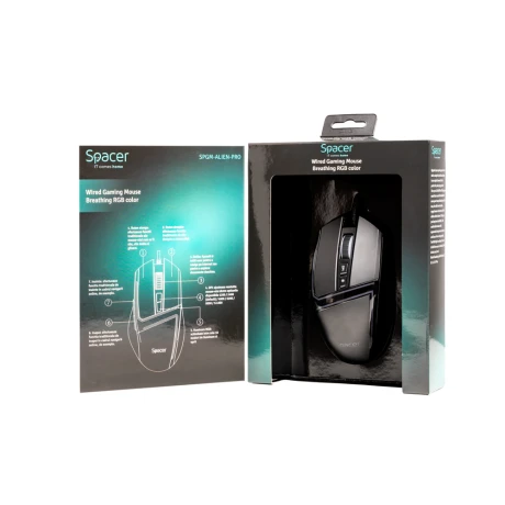 MOUSE Spacer - gaming, gaming, cu fir, USB, optic, 12.000 dpi, butoane/scroll 7/1, iluminare RGB, negru, &quot;SPGM-ALIEN-PRO&quot;