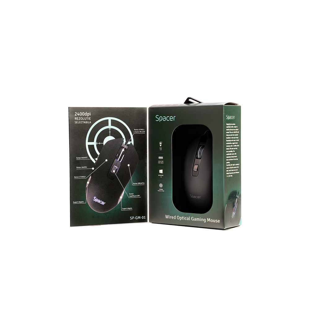 MOUSE  Spacer - gaming, gaming, cu fir, USB, optic, 2400 dpi, butoane/scroll 6/1, iluminare, negru, "SP-GM-01" (include TV 0.18lei) thumb