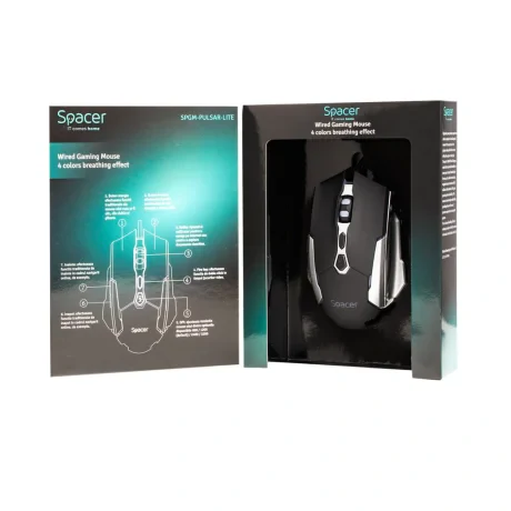 MOUSE Spacer - gaming, gaming, cu fir, USB, optic, 3.200 dpi, butoane/scroll 7/1, iluminare, negru, &quot;SPGM-PULSAR-LITE&quot;