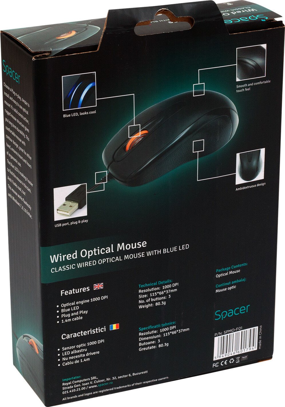 MOUSE  Spacer, PC sau NB, cu fir, USB, optic, 1000 dpi, butoane/scroll 3/1, , negru, "SPMO-F01" thumb