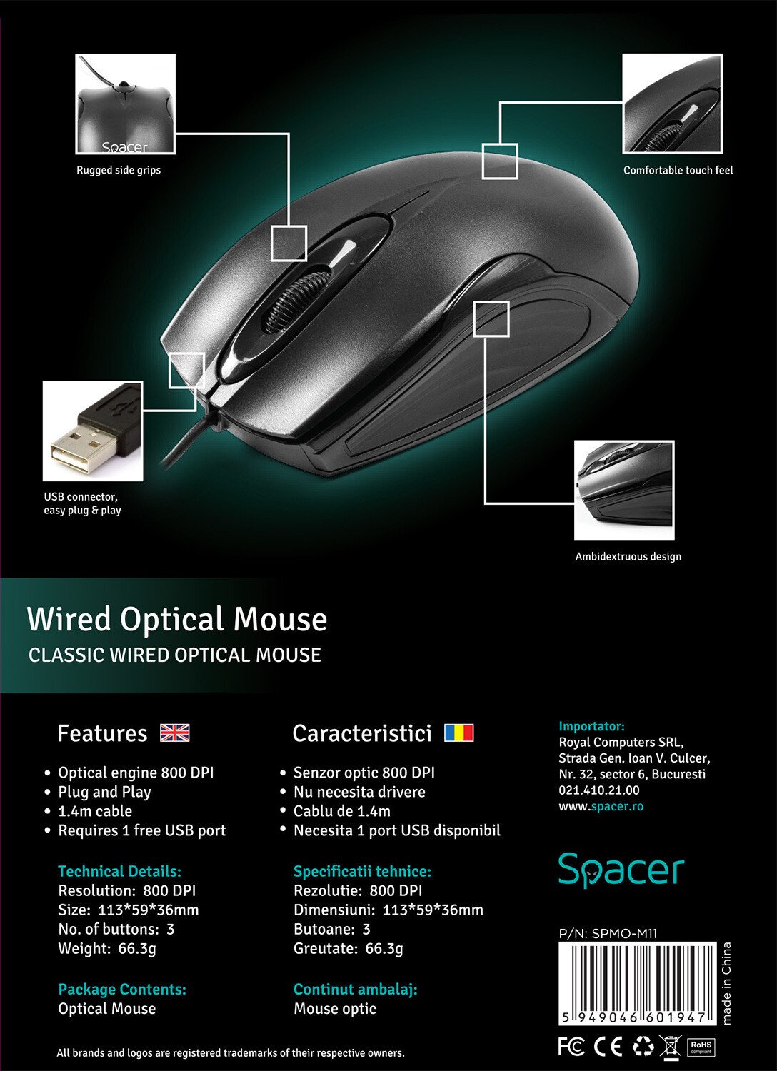 MOUSE  Spacer, PC sau NB, cu fir, USB, optic,  800 dpi, butoane/scroll 3/1, , negru, "SPMO-M11" thumb