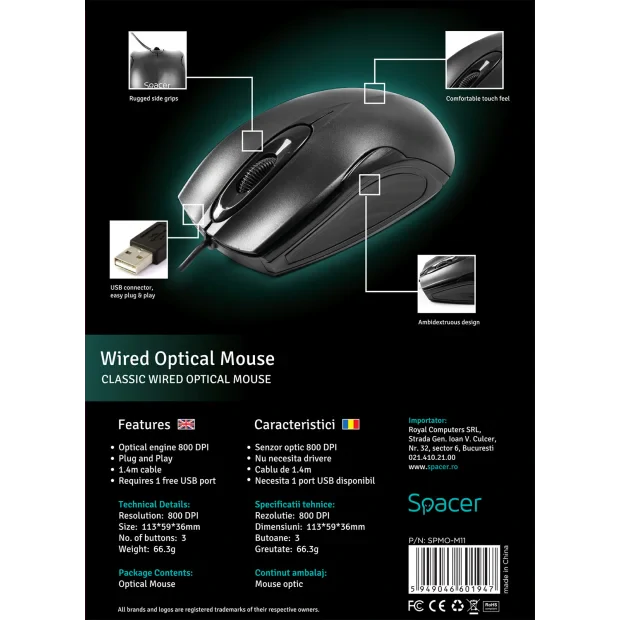 MOUSE  Spacer, PC sau NB, cu fir, USB, optic,  800 dpi, butoane/scroll 3/1, , negru, &quot;SPMO-M11&quot;