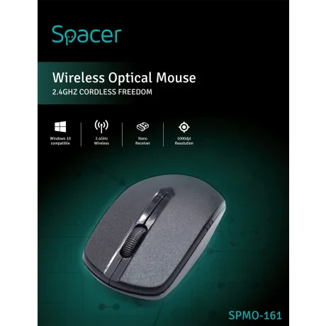 MOUSE  Spacer, PC sau NB, wireless, 2.4GHz, optic, 1000 dpi, butoane/scroll 3/1, , negru, &quot;SPMO-161&quot; (include TV 0.18lei)
