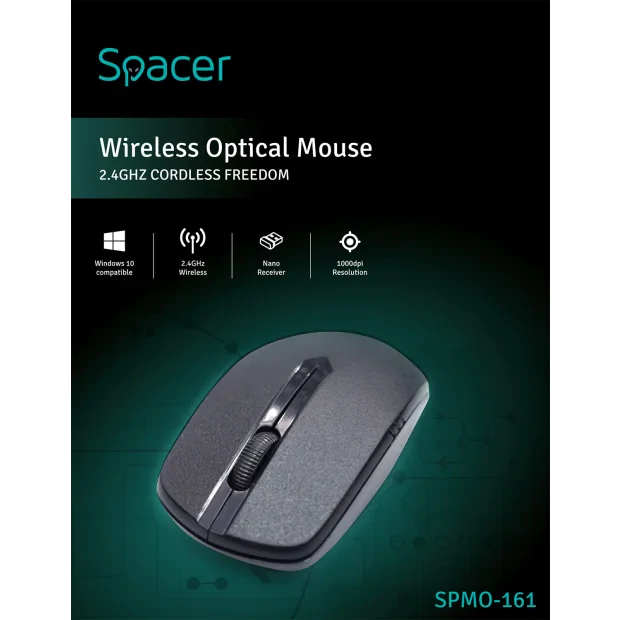 MOUSE  Spacer, PC sau NB, wireless, 2.4GHz, optic, 1000 dpi, butoane/scroll 3/1, , negru, &quot;SPMO-161&quot; (include TV 0.18lei)