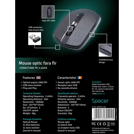 MOUSE  Spacer, PC sau NB, wireless, 2.4GHz, optic, 1000 dpi, butoane/scroll 3/1, , negru, &quot;SPMO-161&quot; (include TV 0.18lei)