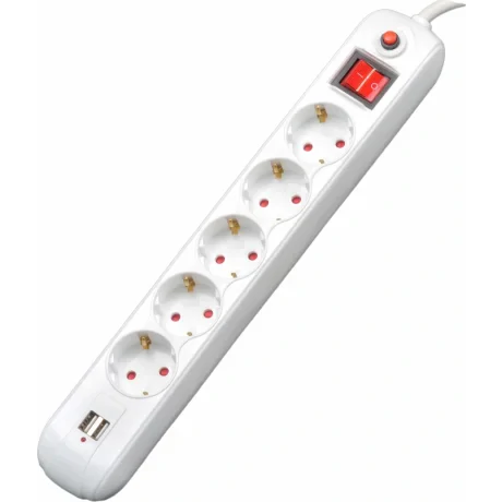 PRELUNGITOR SPACER, Schuko x 5, conectare prin Schuko (T), USB x 2, cablu 4.5 m, 16 A, max. 3500W, protectie supratensiune, alb, &quot;PP-5-45 USB&quot;