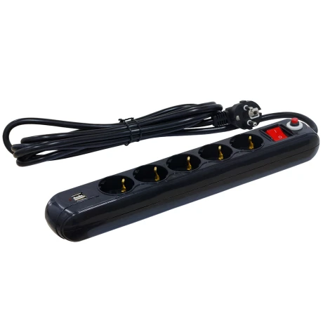 PRELUNGITOR SPACER, Schuko x 5, conectare prin Schuko (T), USB x 2, cablu 4.5 m, 16 A, max. 3500W, protectie supratensiune, Negru, &quot;PP-5-45B-USB&quot;