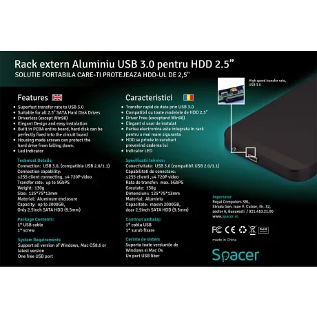 RACK extern SPACER, pt HDD/SSD, 2.5 inch, S-ATA, interfata PC USB 3.0, aluminiu, negru, &quot;SPR-25611&quot; 45503295