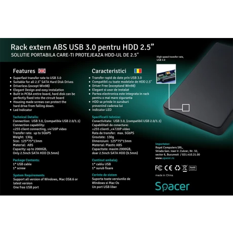 RACK extern SPACER, pt HDD/SSD, 2.5 inch, S-ATA, interfata PC USB 3.0, plastic, negru, &quot;SPR-25612&quot; 45506249