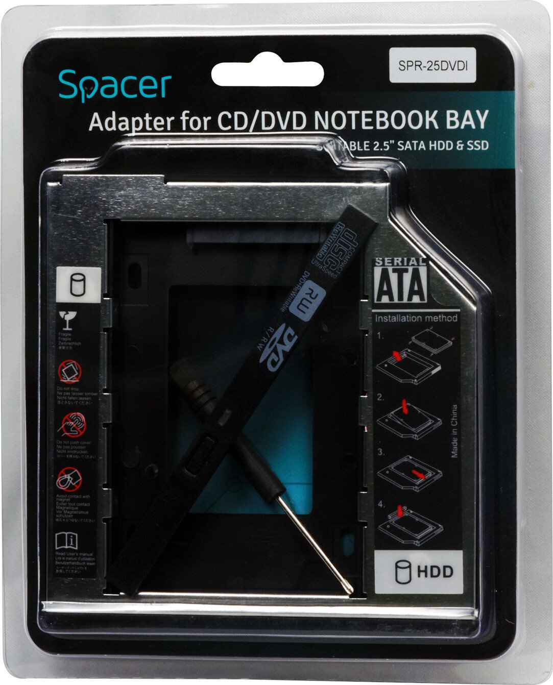 RACK intern SPACER, tip caddy 9.5mm, 5.25 inch la 2.5 inch, S-ATA, interfata PC S-ATA, metal, negru, "SPR-25DVDI" (include TV 0.8lei) thumb