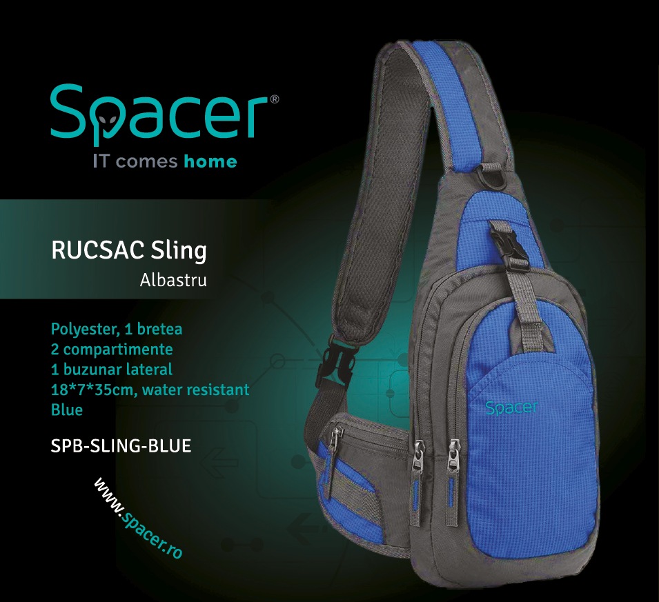 RUCSAC SPACER Sling, nylon,1 bretea, 2 compartimente principale,1 buzunar frontal,1 buzunar lateral, 35x18x7cm, water resistant, blue, "SPB-SLING-BLUE" thumb
