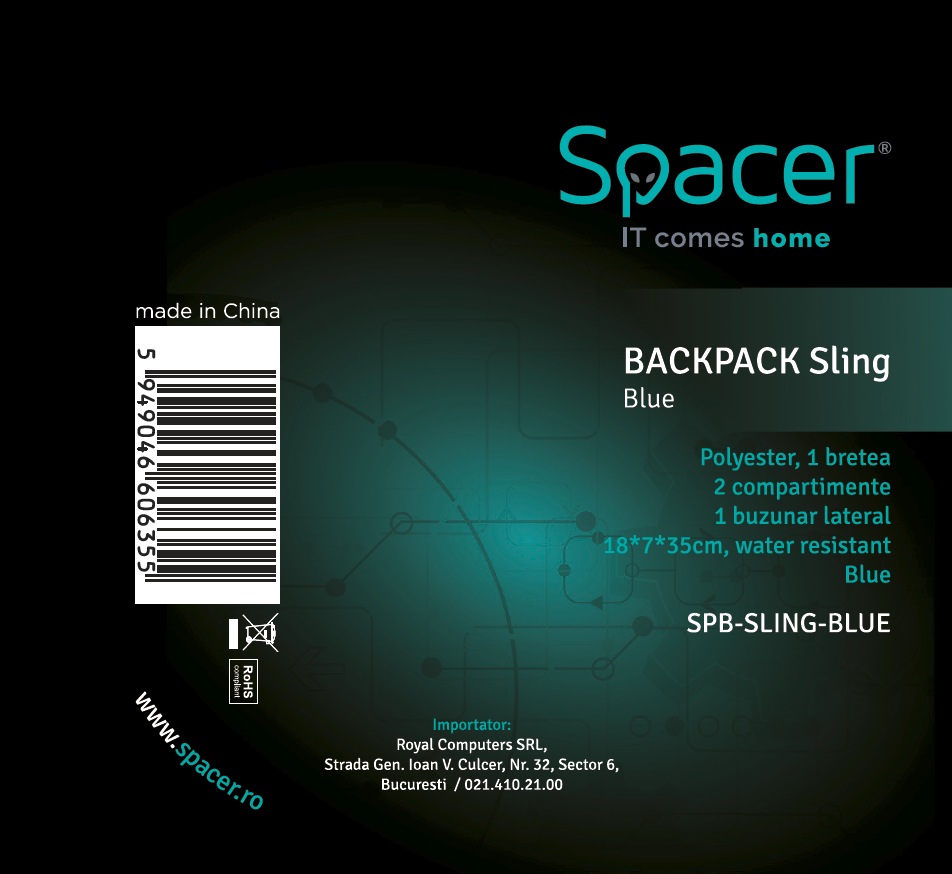 RUCSAC SPACER Sling, nylon,1 bretea, 2 compartimente principale,1 buzunar frontal,1 buzunar lateral, 35x18x7cm, water resistant, blue, "SPB-SLING-BLUE" thumb