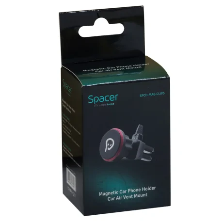 SUPORT auto magnetic SPACER pt. SmartPhone, fixare in ventilatie prin CLIPS, Magnetic, 4 SuperMagneti N50, rotire 360 grade, negru, &quot;SPCH-MAG-CLIPS&quot;