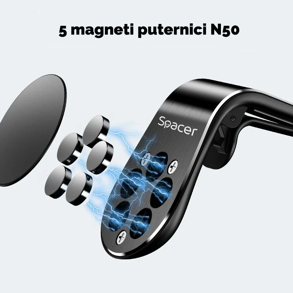 SUPORT auto SPACER pt. SmartPhone, fixare in grilaj bord, prindere magnetica telefon 360 grade, black, "SPT-MGN" thumb