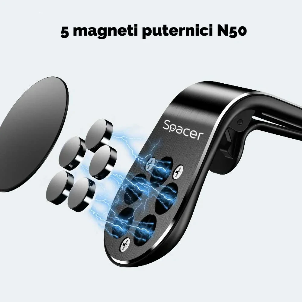 SUPORT auto SPACER pt. SmartPhone, fixare in grilaj bord, prindere magnetica telefon 360 grade, black, &quot;SPT-MGN&quot;