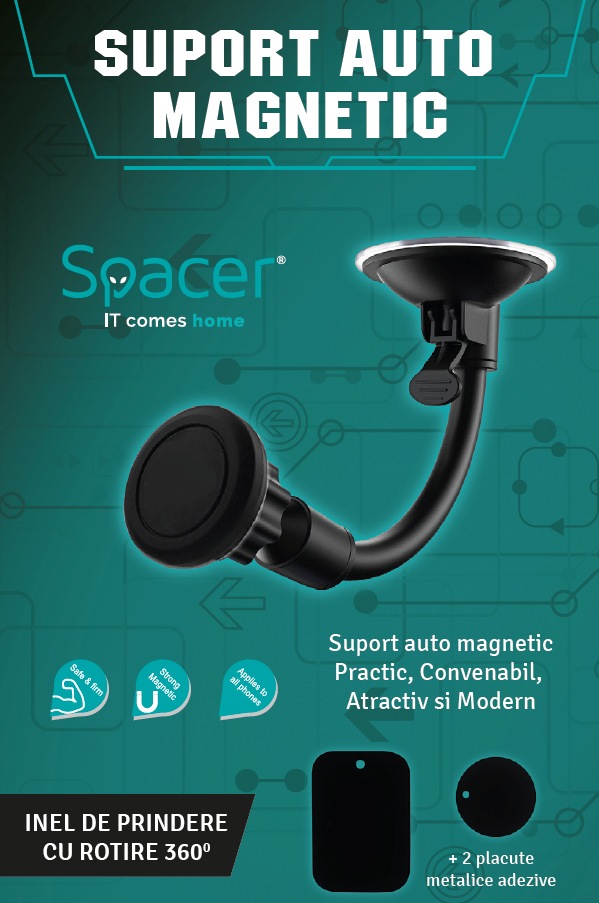 SUPORT auto SPACER pt. SmartPhone, fixare pe bord sau geam, cu ventuza, magnetic, flexibil, rotire 360 grade, black, "SPT-MCH" thumb