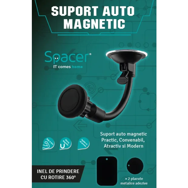 SUPORT auto SPACER pt. SmartPhone, fixare pe bord sau geam, cu ventuza, magnetic, flexibil, rotire 360 grade, black, &quot;SPT-MCH&quot;