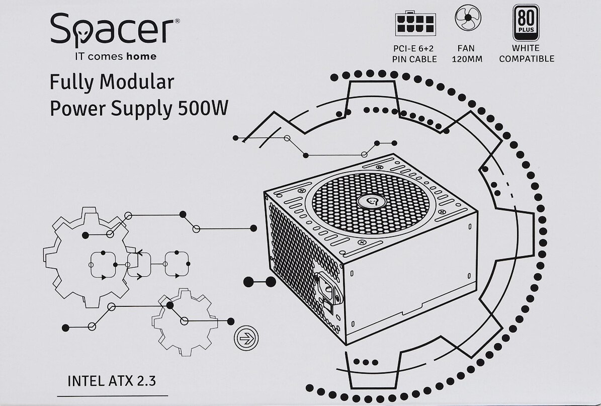 SURSA SPACER MODULARA 500 (for 500W Gaming PC), fan 120mm, 1x PCI-E (6+2), 3x S-ATA, 1x P8 (4+4), *retail* "SP-MP-500", thumb