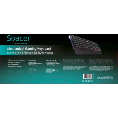 TASTATURA MECANICA SPACER USB, switch-uri mecanice albastre, 50 mil. apasari, 104 taste, anti-ghosting 26 taste, anti-spill, palm rest metalic, black, &quot;SPKB-MK-01&quot;