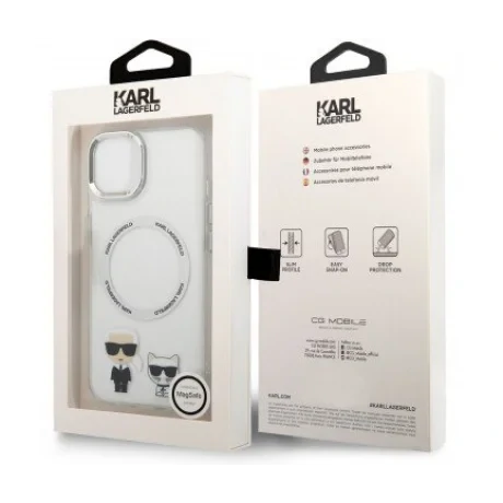 Husa Cover Karl Lagerfeld Magsafe With Ring Karl&amp;Choupette Bodies LOGO pentru iPhone 14 Plus Transparent