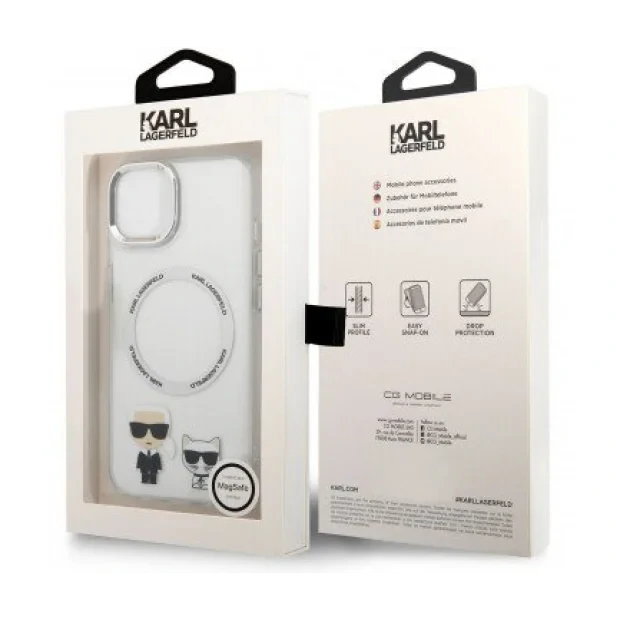 Husa Cover Karl Lagerfeld Magsafe With Ring Karl&amp;Choupette Bodies LOGO pentru iPhone 14 Plus Transparent