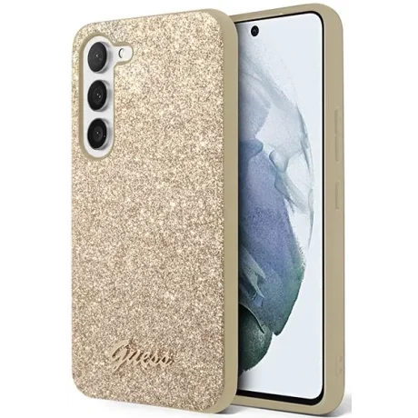 Husa Cover Guess Glitter PC/TPU Flakes Metal Logo pentru Samsung Galaxy S23 Gold