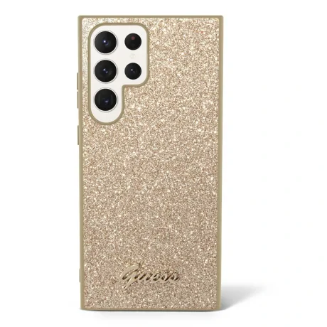 Husa Cover Guess Glitter PC/TPU Flakes Metal Logo pentru Samsung Galaxy S23 Ultra Gold