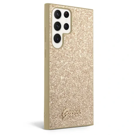 Husa Cover Guess Glitter PC/TPU Flakes Metal Logo pentru Samsung Galaxy S23 Ultra Gold
