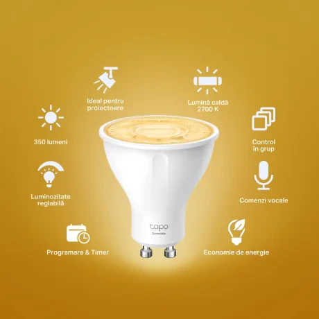 BEC LED wireless TP-LINK, 350lm, 2.9W, fasung GU10, lumina calda 2700K , control prin smartph.cu apl.Tapo, ajustare automata a luminii in fct. de momentul zilei, &quot;Tapo L610&quot;