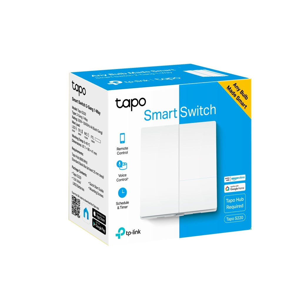 INTRERUPATOR inteligent TP-LINK, necesita hub Tapo H100 pentru functionare, 2 comutatoare,  programare prin smartphone aplicatia Tapo, 2 x baterii AAA, WiFi, alb "Tapo S220" (include TV 0.18lei) thumb