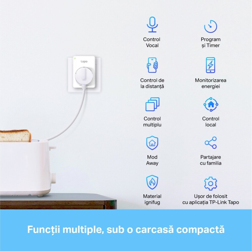 PRIZA inteligenta TP-LINK, Schuko x 1, cu monitorizarea energiei, conectare prin Schuko (T), 10 A, programare prin smartphone, Bluetooth, WiFi, alb "Tapo P110" thumb