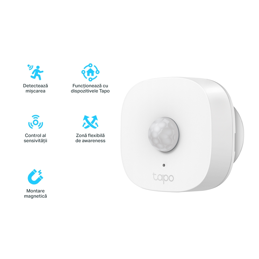 SENZOR SMART de miscare TP-LINK, necesita hub Tapo H100 pentru functionare, raza pana la 7m,  programare prin smartphone aplicatia Tapo, 1 x baterii CR2450, WiFi, alb "Tapo T100" (include TV 0.18lei) thumb