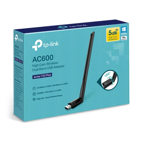 ADAPTOR RETEA TP-LINK AC600, extern wireless 2.4 GHz | 5 GHz, USB 2.0, port, 433 Mbps, antena externa x 1, &quot;Archer T2U Plus&quot;