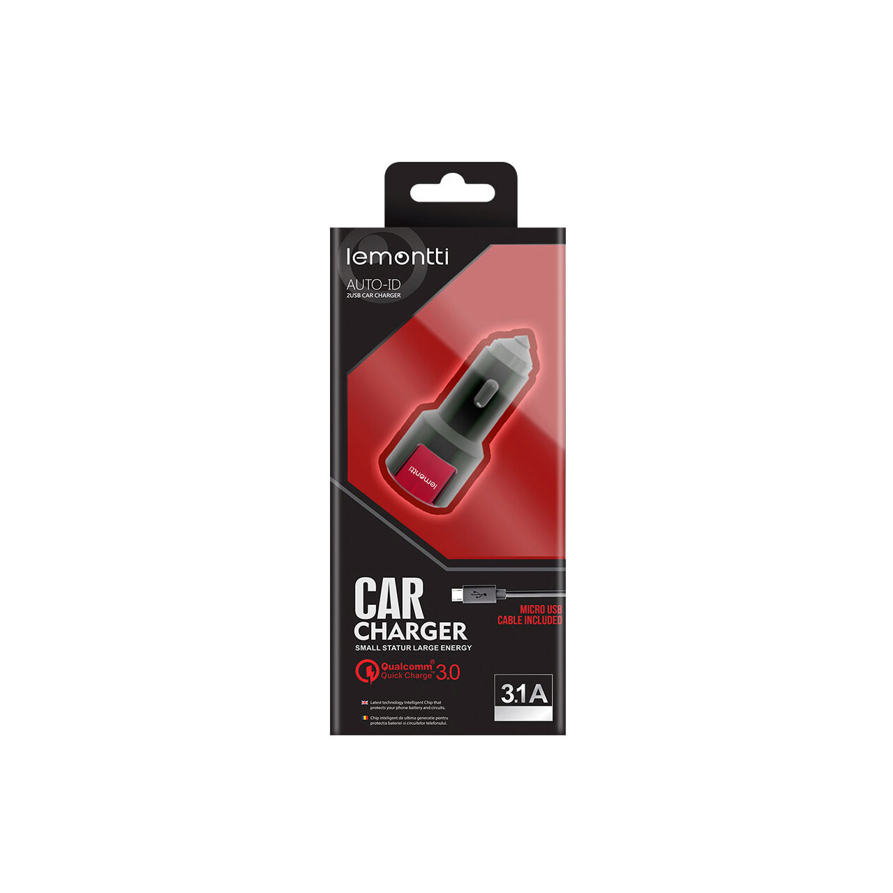 Incarcator Auto MicroUSB Lemontti Qualcomm 3.0 Dual USB Negru-Rosu 3.1A (cablu detasabil) resigilat thumb