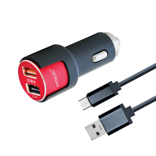 Incarcator Auto MicroUSB Lemontti Qualcomm 3.0 Dual USB Negru-Rosu 3.1A (cablu detasabil) resigilat thumb