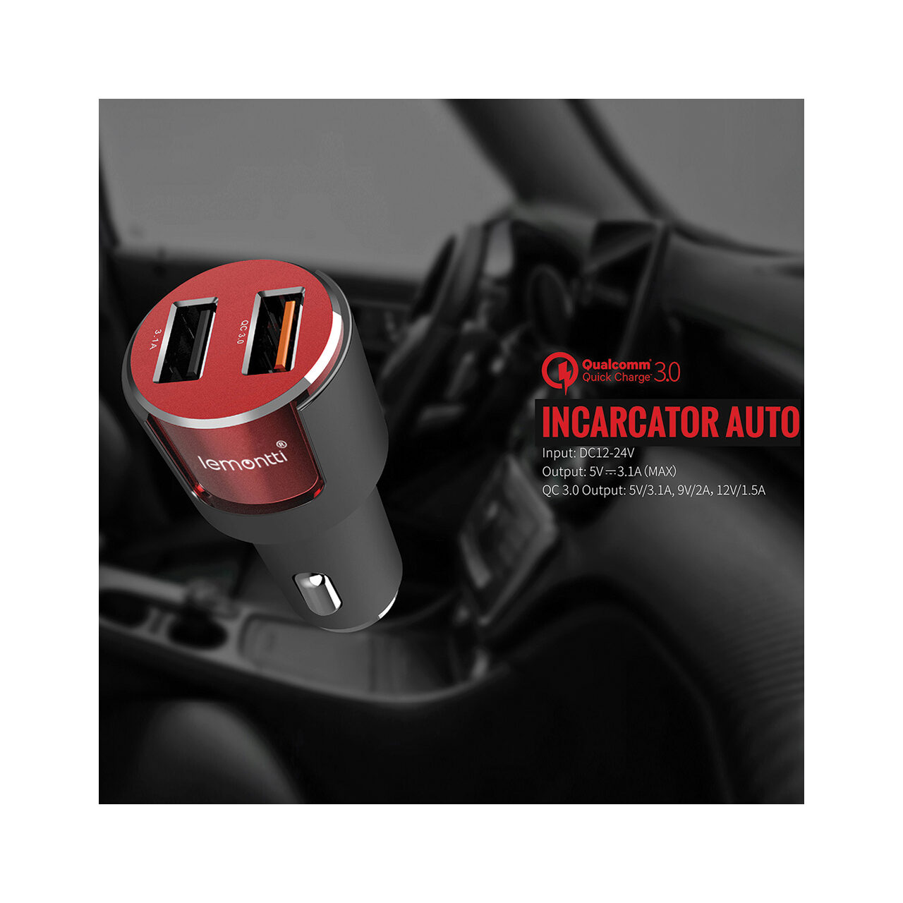 Incarcator Auto MicroUSB Lemontti Qualcomm 3.0 Dual USB Negru-Rosu 3.1A (cablu detasabil) resigilat thumb